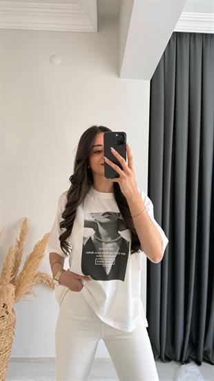 Laura Baskılı Pamuklu  Basic Tshirt Beyaz