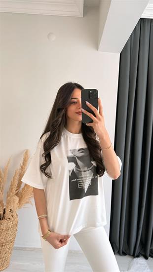 Laura Baskılı Pamuklu  Basic Tshirt Beyaz