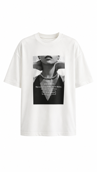 Laura Baskılı Pamuklu  Basic Tshirt Beyaz