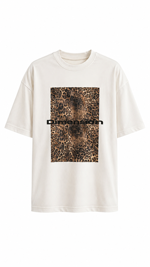 Leopar Baskılı Pamuklu  Basic Tshirt Beyaz