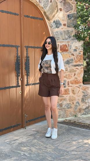 Leopar Baskılı Pamuklu  Basic Tshirt Beyaz