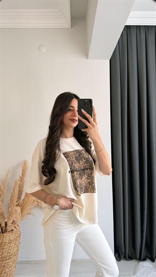 Leopar Baskılı Pamuklu  Basic Tshirt Bej