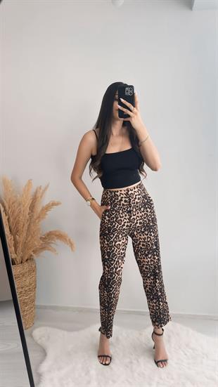 Leopar Desenli Kadın Pantolon- Kahverengi