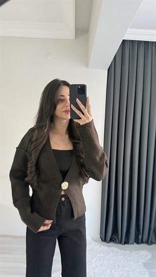 Liente Gold Düğme Detaylı Acı Kahve Hırka 