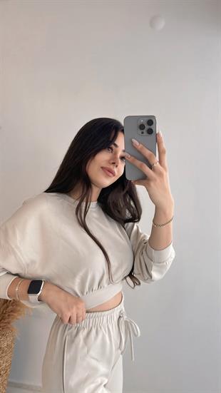 Linda Modal Oyss Kumaş Jogger Pantolon Kısa Sweat Takım Bej Takım