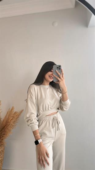 Linda Modal Oyss Kumaş Jogger Pantolon Kısa Sweat Takım Bej Takım