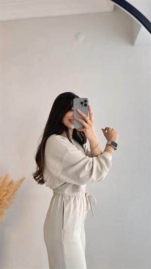 Linda Modal Oyss Kumaş Jogger Pantolon Kısa Sweat Takım Bej Takım