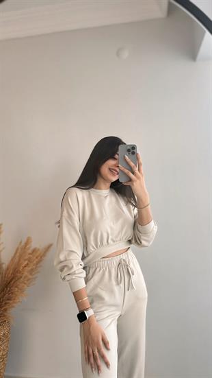 Linda Modal Oyss Kumaş Jogger Pantolon Kısa Sweat Takım Bej Takım