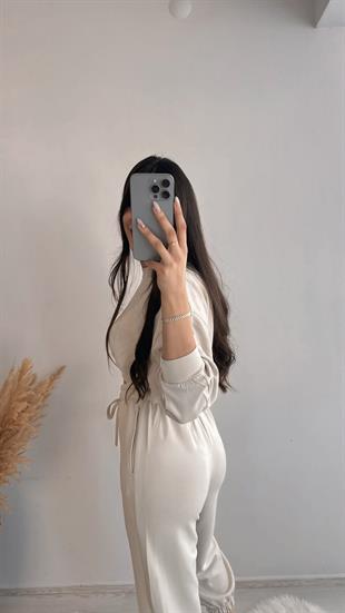 Linda Modal Oyss Kumaş Jogger Pantolon Kısa Sweat Takım Bej Takım