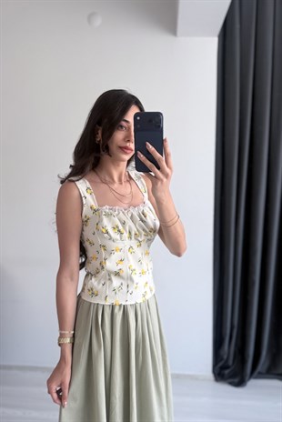 Lion Limon Desenli Sarı Crop Bluz 