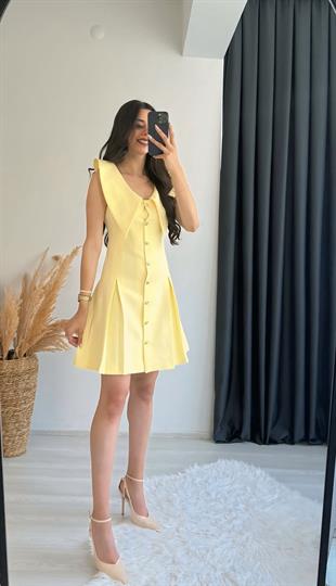 Lipa Gold Düğme Detaylı Yakalı Mini Elbise Sarı 