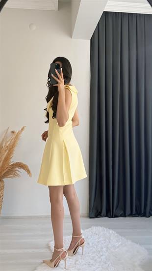 Lipa Gold Düğme Detaylı Yakalı Mini Elbise Sarı 