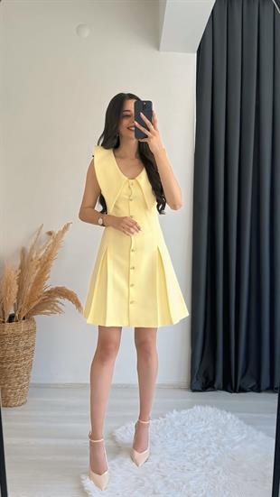 Lipa Gold Düğme Detaylı Yakalı Mini Elbise Sarı 