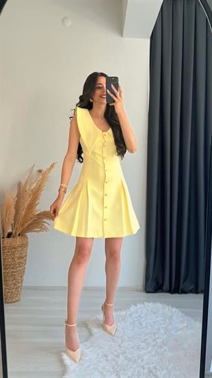 Lipa Gold Düğme Detaylı Yakalı Mini Elbise Sarı 
