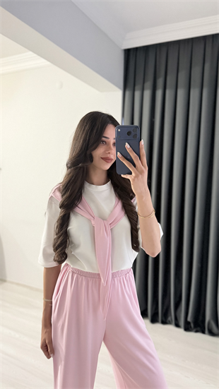 Liver Pembe Modal Kumaş Fular Detaylı Takım