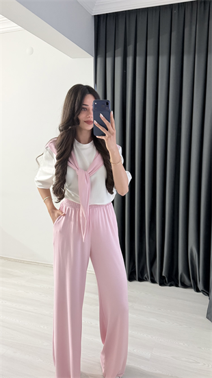 Liver Pembe Modal Kumaş Fular Detaylı Takım