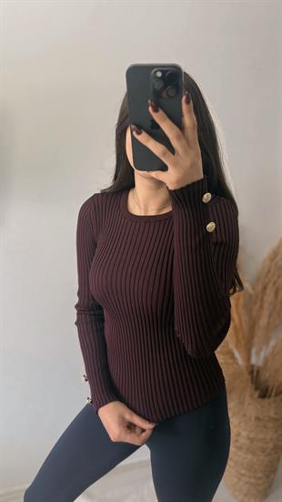 Livia Kolu Gold Düğmeli Basic Triko Mürdüm