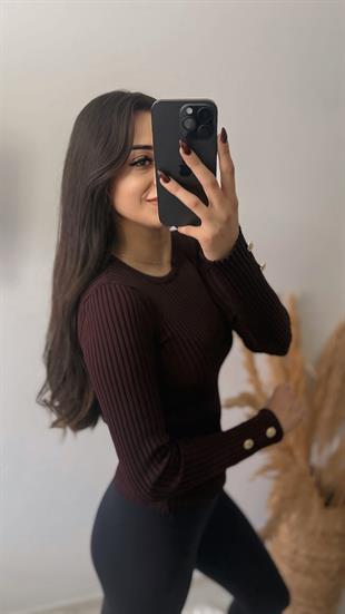 Livia Kolu Gold Düğmeli Basic Triko Mürdüm