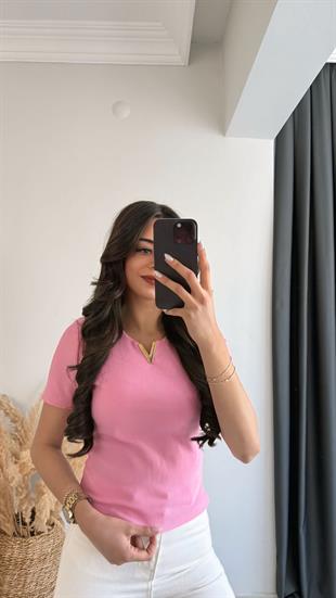 Lixo Metal V Detaylı Likralı Kısa Kol Bluz Pembe