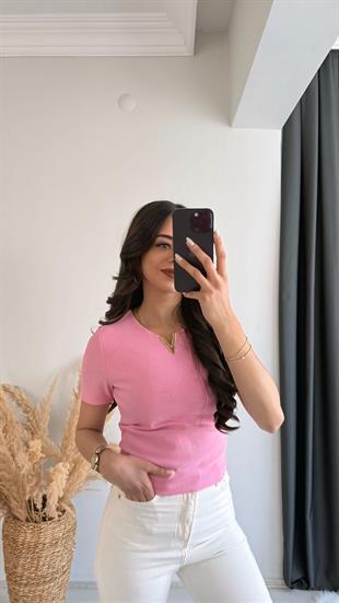 Lixo Metal V Detaylı Likralı Kısa Kol Bluz Pembe
