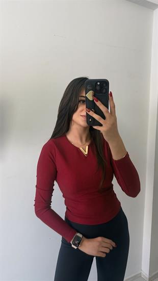 Lixo Metal V Detaylı Likralı Uzun Kol Bluz Bordo 