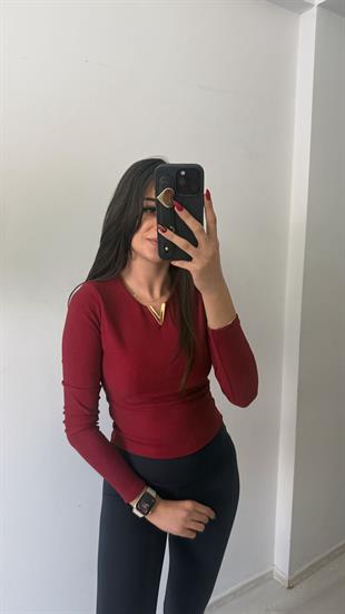 Lixo Metal V Detaylı Likralı Uzun Kol Bluz Bordo 