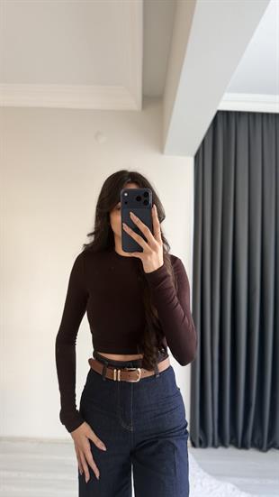 Lizzy Masi Tam Pamuklu Soft Touch Likralı Crop Body Kahve