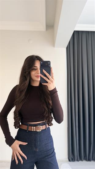 Lizzy Masi Tam Pamuklu Soft Touch Likralı Crop Body Kahve