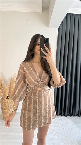 Lolita Transpran Dantel Kahverngi Mini Elbise