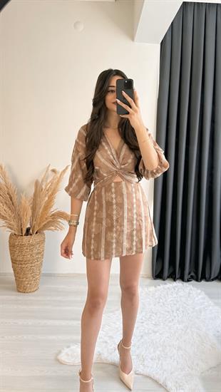 Lolita Transpran Dantel Kahverngi Mini Elbise
