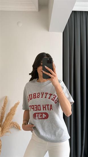Lous Yazılı Baskılı Pamuklu  Basic Tshirt Gri