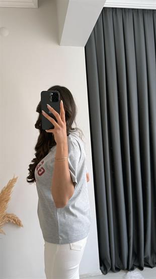 Lous Yazılı Baskılı Pamuklu  Basic Tshirt Gri