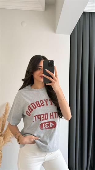 Lous Yazılı Baskılı Pamuklu  Basic Tshirt Gri