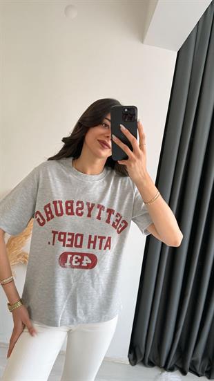 Lous Yazılı Baskılı Pamuklu  Basic Tshirt Gri