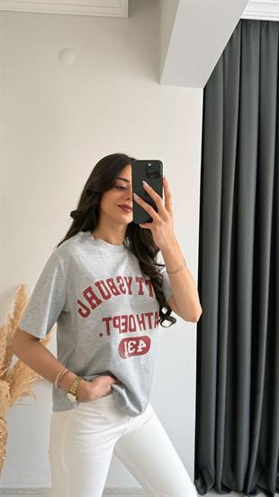 Lous Yazılı Baskılı Pamuklu  Basic Tshirt Gri