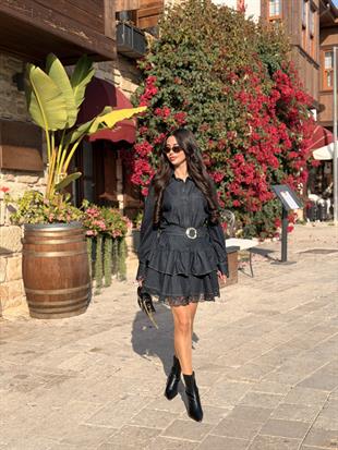 Lover Kolları Ve Etek Ucu Dantel Detaylı Kemeri Tokalı Denim Elbise