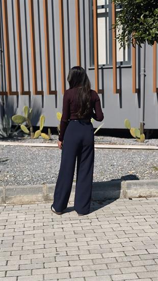 Lucas Kemerli Likralı Palazzo Lacivert Pantalon 