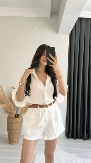 Mareis Beyaz Gömlek Şort Keten Takım