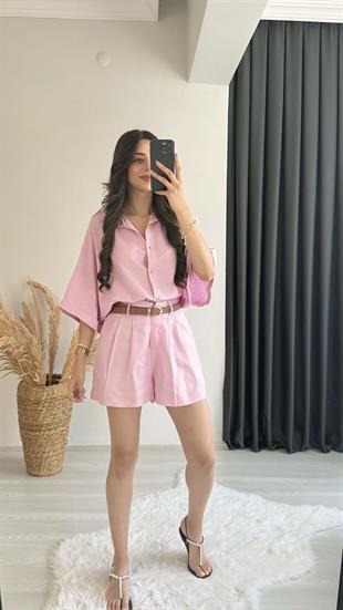 Mareis Pembe Gömlek Şort Keten Takım