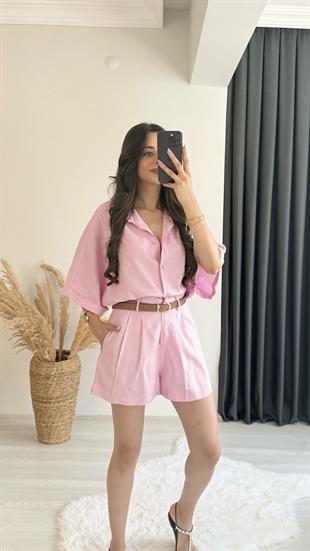 Mareis Pembe Gömlek Şort Keten Takım