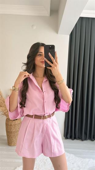 Mareis Pembe Gömlek Şort Keten Takım