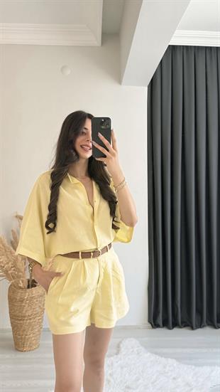 Mareis Sarı Gömlek Şort Keten Takım