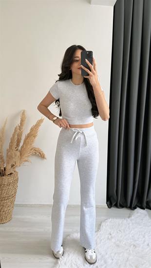 Mayra Orj Marka Gri Melanj Crop Pantolon İkili Takım