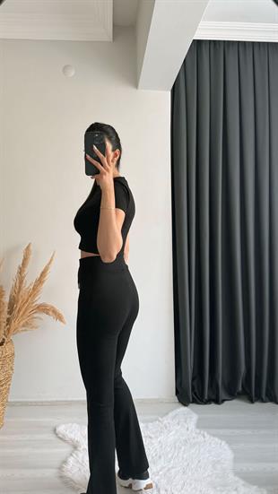 Mayra Orj Marka Siyah Melanj Crop Pantolon İkili Takım