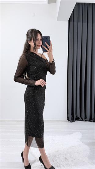 Melirosa Taş Detaylı Midi Boy Siyah Elbise