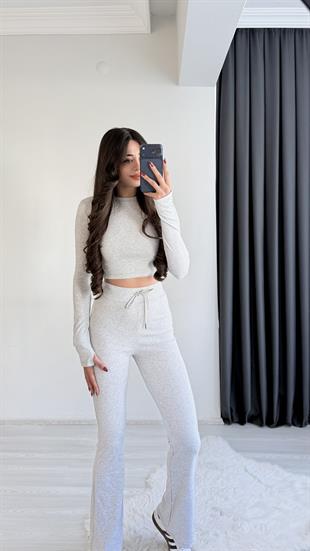 Meyra Orj Marka Gri Melanj Crop Pantolon İkili Takım