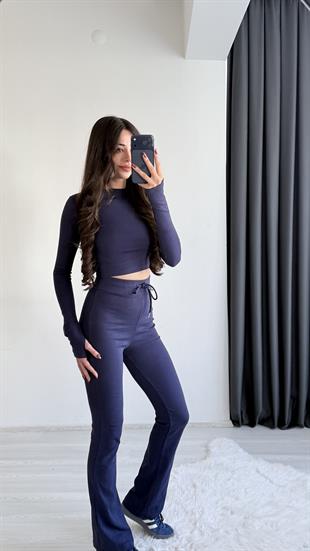 Meyra Orj Marka Lacivert Melanj Crop Pantolon İkili Takım
