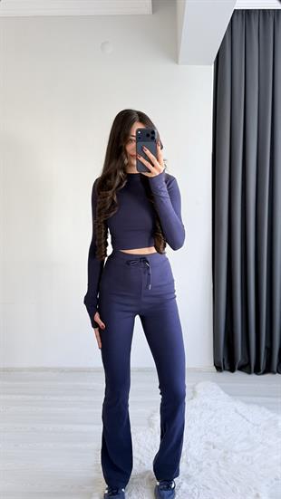 Meyra Orj Marka Lacivert Melanj Crop Pantolon İkili Takım