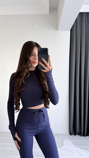 Meyra Orj Marka Lacivert Melanj Crop Pantolon İkili Takım