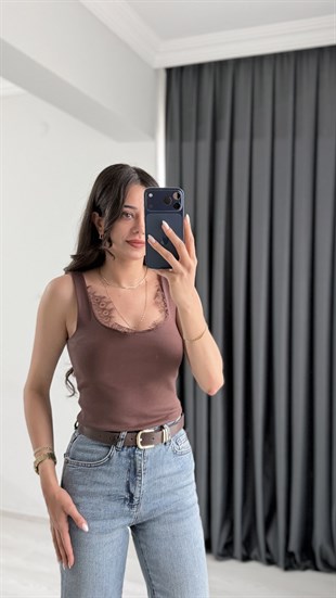 Meyri Dantelli Tam Pamuklu Premium Atlet Kahve